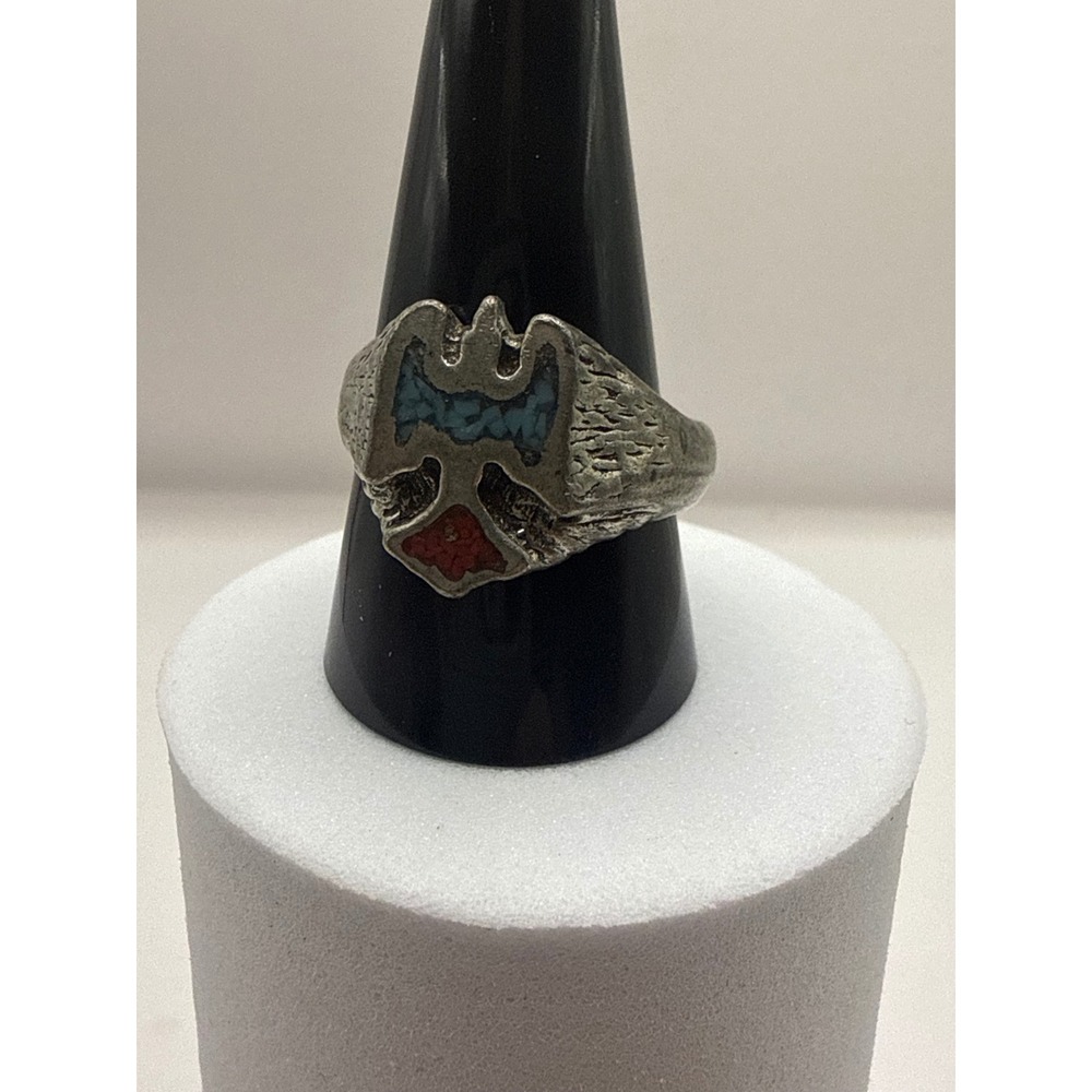 Vintage Bat Crest Ring Pewter‎ Tone Blue Red Enamel Textured Band Size 11.5